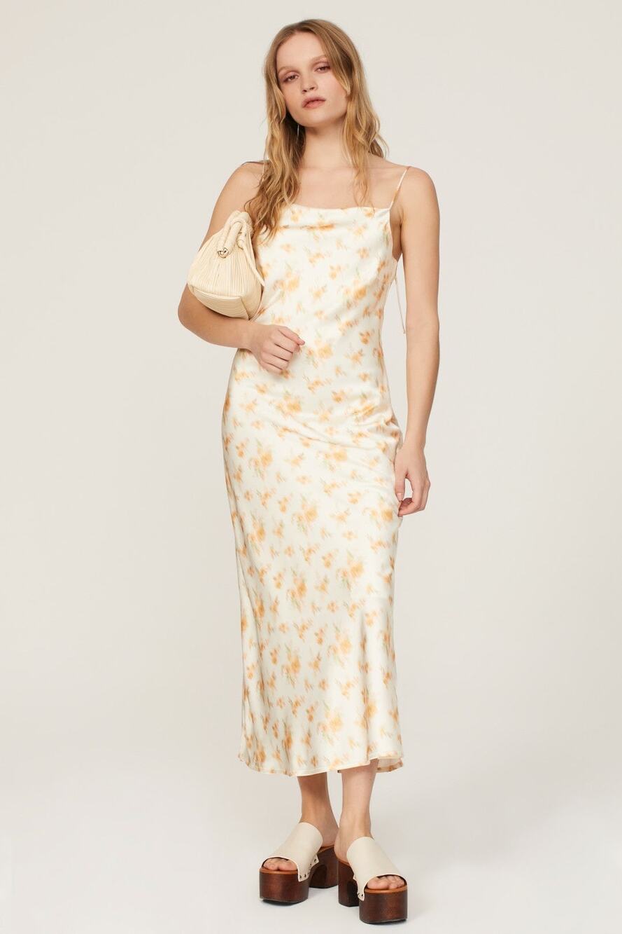 Holzweiler Eila Cream Yellow Floral Print Satin Midi Slip Dress Size XS